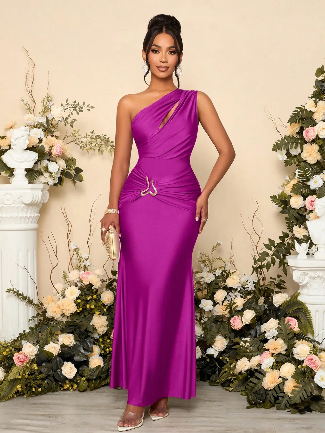 

Vibrant Purple One-Shoulder Cutout Bodycon Maxi Dress with Metallic Waist Detail