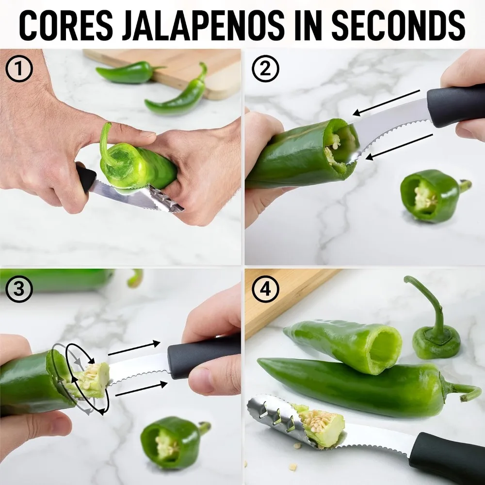 Jalapeno Corer & Seed Remover – 430 Stainless Steel Pepper Coring Tool with Serrated Blade for Effortless Deseeding – Chili, Bell Pepper Core Remover for Cooking & Grilling