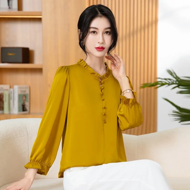 Women\'s High Quality Silk Ruffled Elegant Blouse Korean Fashion Solid Slim Office Lady Casual Shirt Long Sleeve Chic Tops Blusas