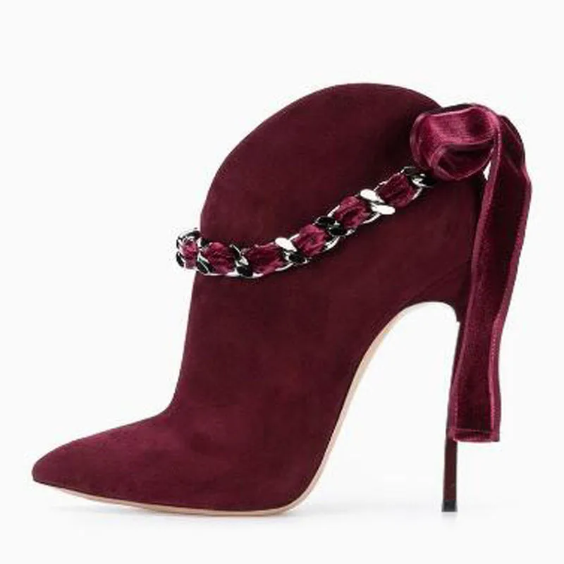 Size 33 Women Black Burgundy Pink Apricot Suede Chain Butterfly Knot Back Pointed Toe 10 CM Metal Blade Heels Ankle Boots Shoes