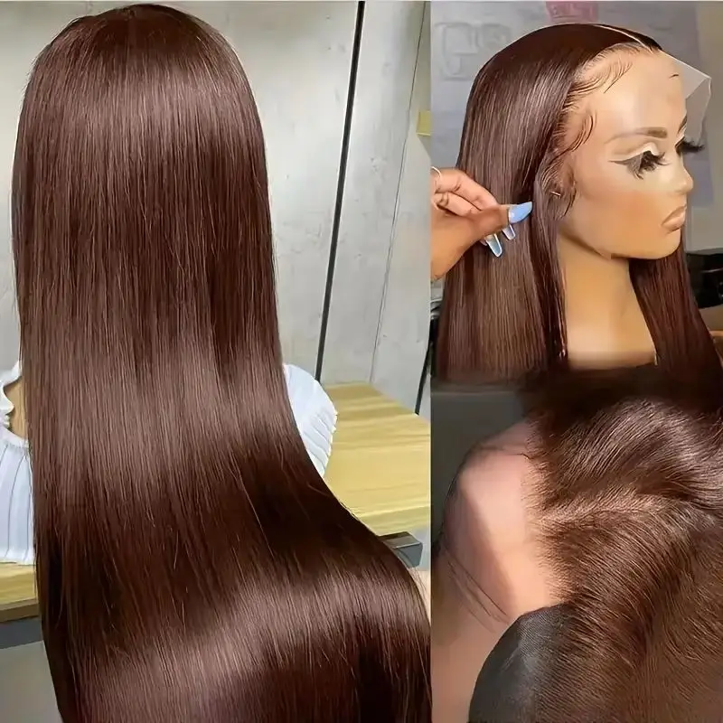 

Chocolate Brown Straight Lace Front Wigs 13x6 Transparent Lace Frontal Wig Pre Plucked Remy 13x4 Brazilian Human Hair Wigs 250%