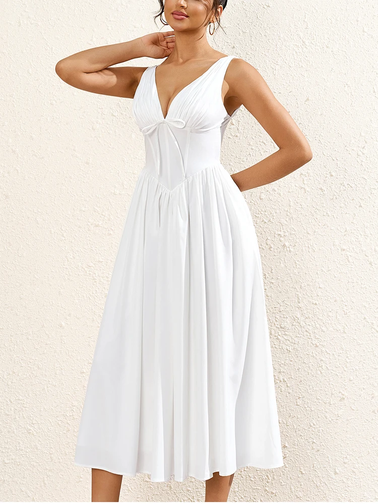 NewAsia Summer Dress with Boning Women's Sleeveless V-Neck Backless Pleated Long Dresses Slim-Fit Trendy Beach Vacation Vestidos