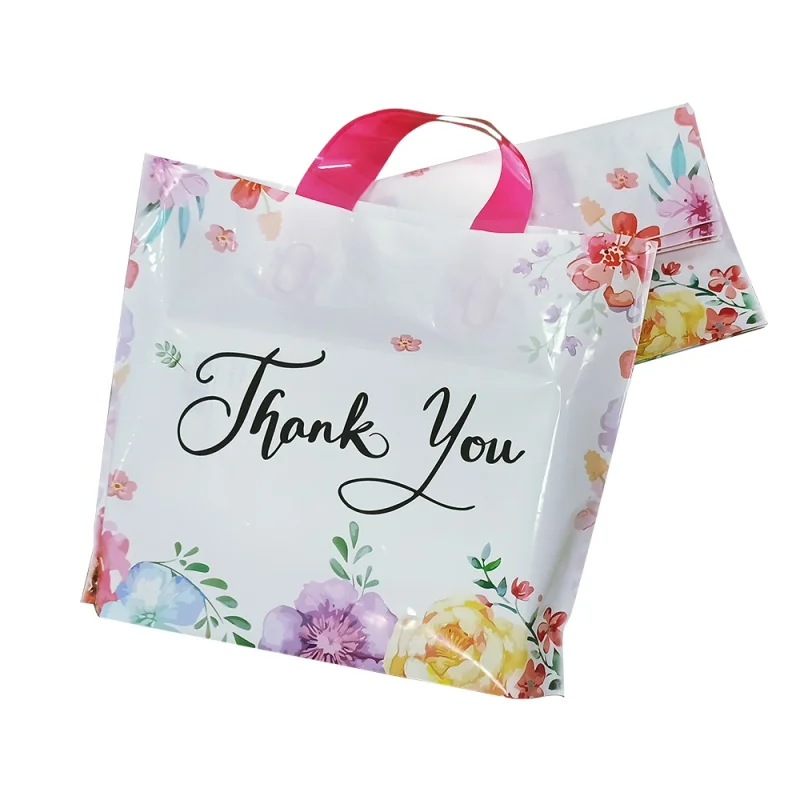 Producto personalizado, bolsas de agradecimiento, bolsas de compras de plástico con asa de bucle suave para tiendas minoristas, Boutiques, pequeñas