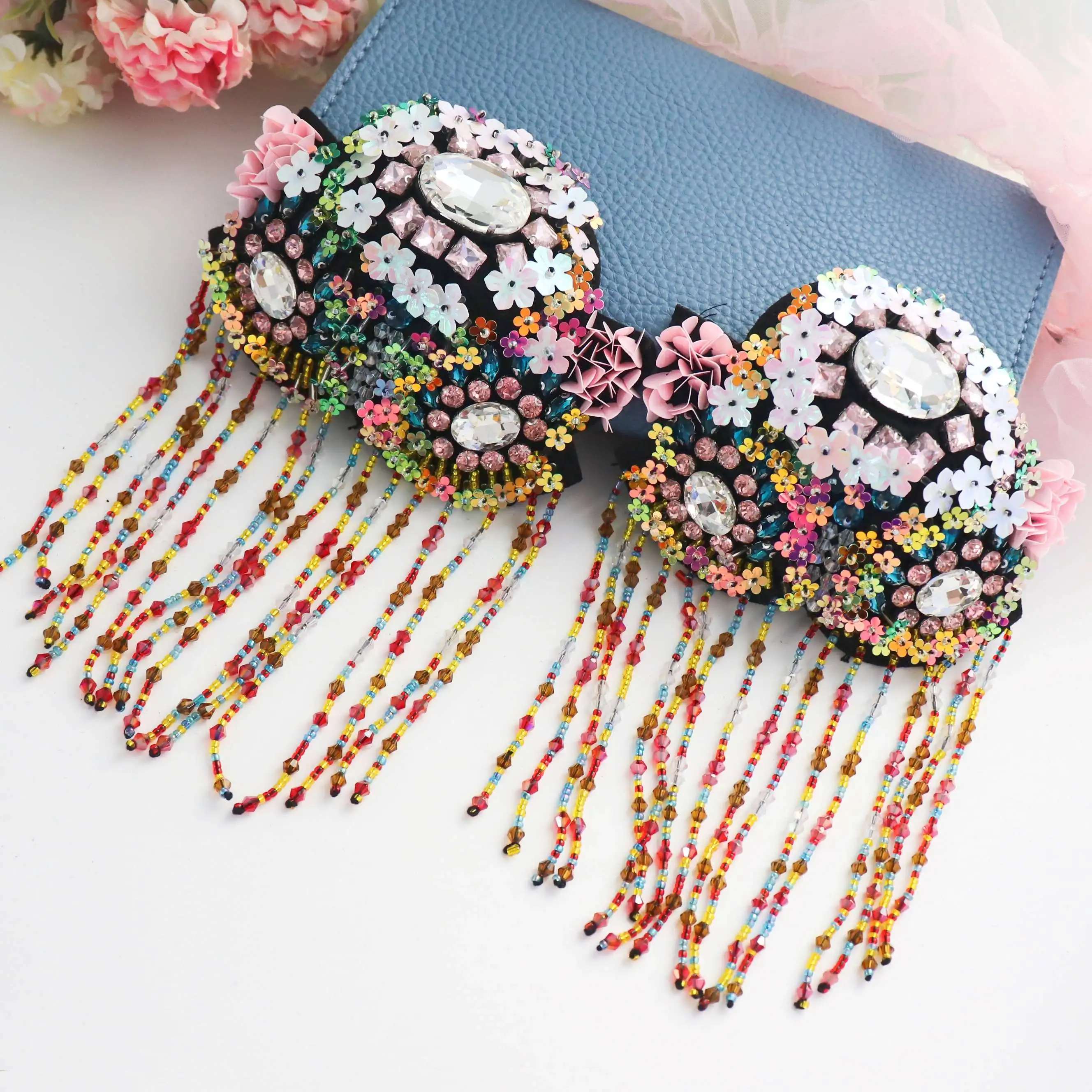 colorful flower beaded jewelery tassel big shoulder brooch epaulet /epaulettes spikes/escapulario blazer accessories/pin badge