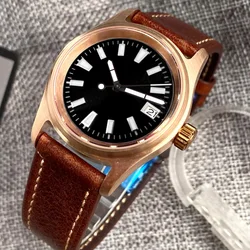 36mm kleine wasserdichte Tauch-Automatik uhr männlich echte Bronze nh35 movt Militär pilot Armbanduhr Leder armband grün lume