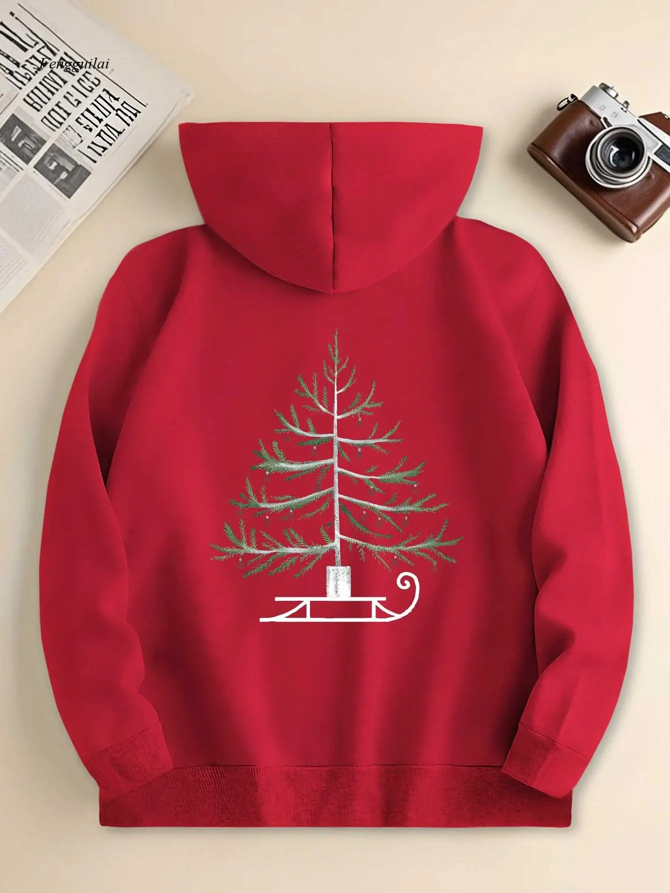 Minimalist Christmas Tree Sled Hoodies | Casual Style, Hooded Collar, Non-Stretch Fabric, Loose Fit, Suitable for Fall/Winter