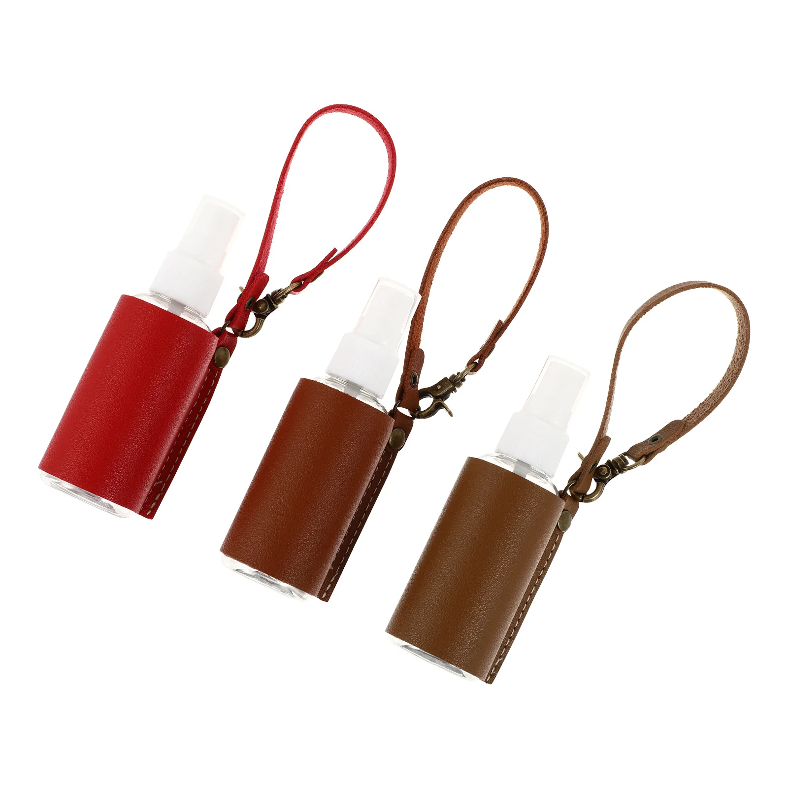 

3Sets Small Spray Bottles PU Cover Travel Bottle Holder Portable Keychain Design Liquid Container Refillable Empty Bottle