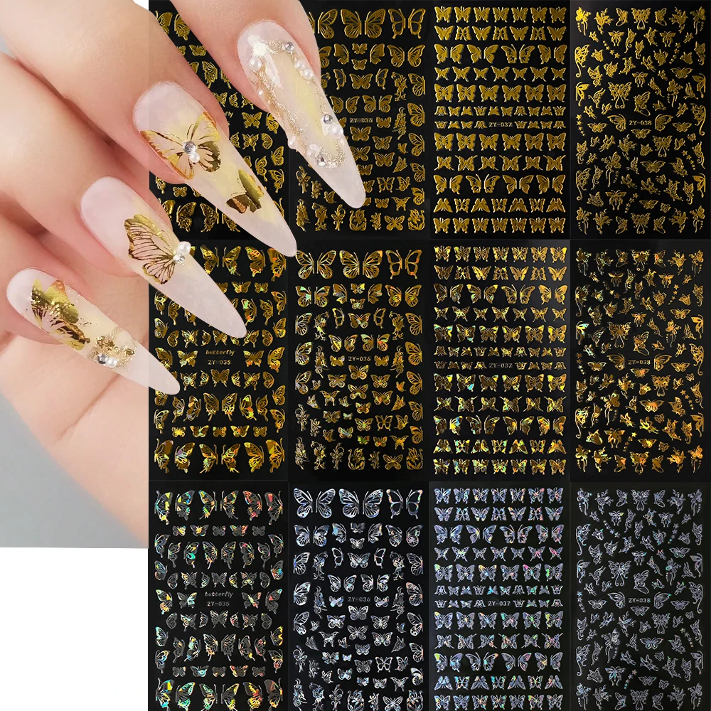 4 Stuks Zilveren Laser Vlinder Nail Stickers 3d Zelfklevende Nail Art Decoratie Stickers Glitter Vlinder Manicure Bedels Stickers