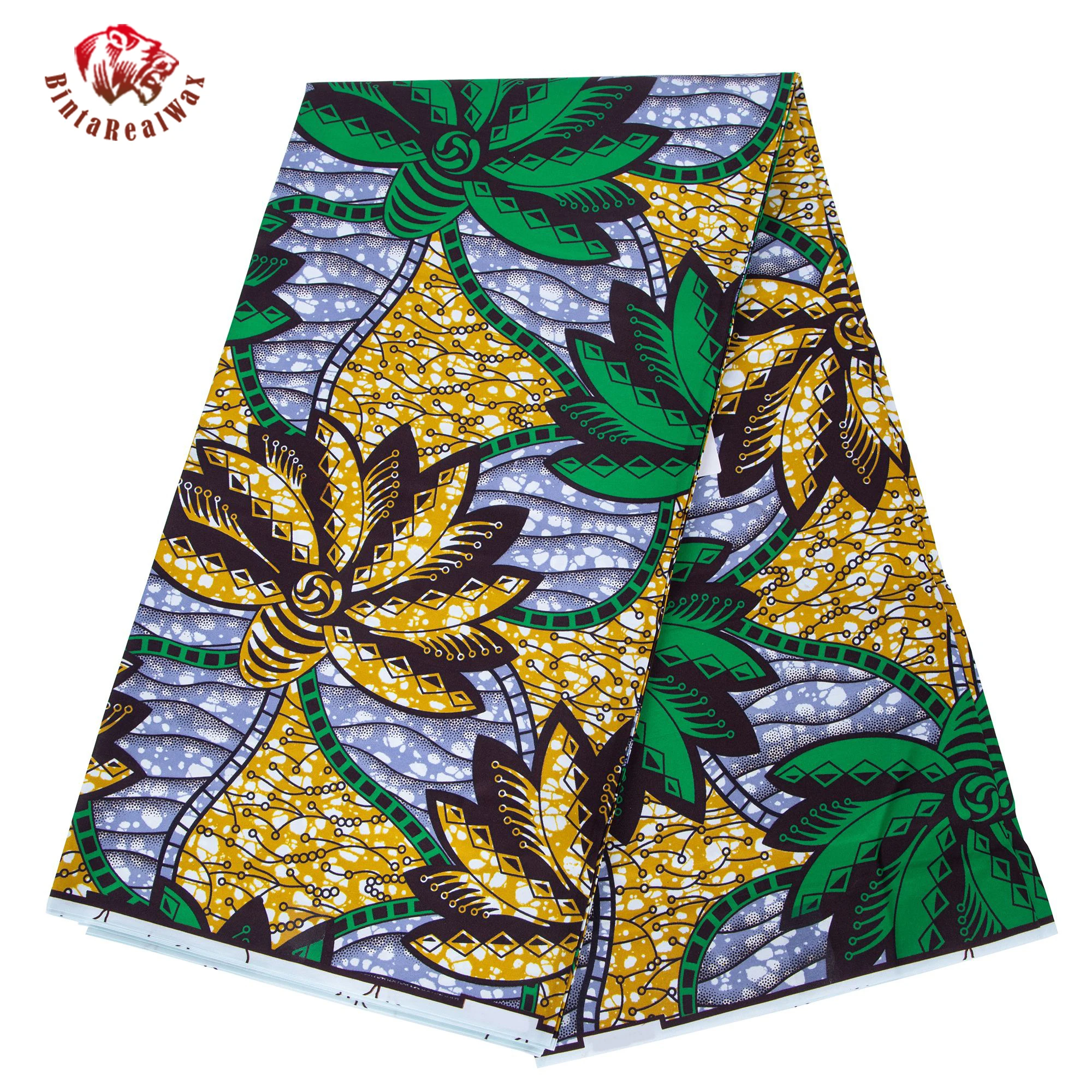 

African Ankara Fabric Wax Print - Vibrant Yellow Green Floral Leaf Pattern Textile for Dress, Skirt, Headwrap, Home Decor FP6710