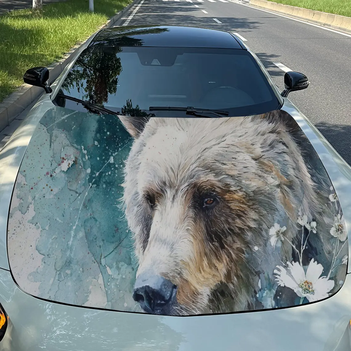 

Graceful - Style Floral Bear Car Vinyl Wrap, PVC Waterproof Car Hood Sticker, Self-Adhesive Scratch-Resistant Stickers for Engin