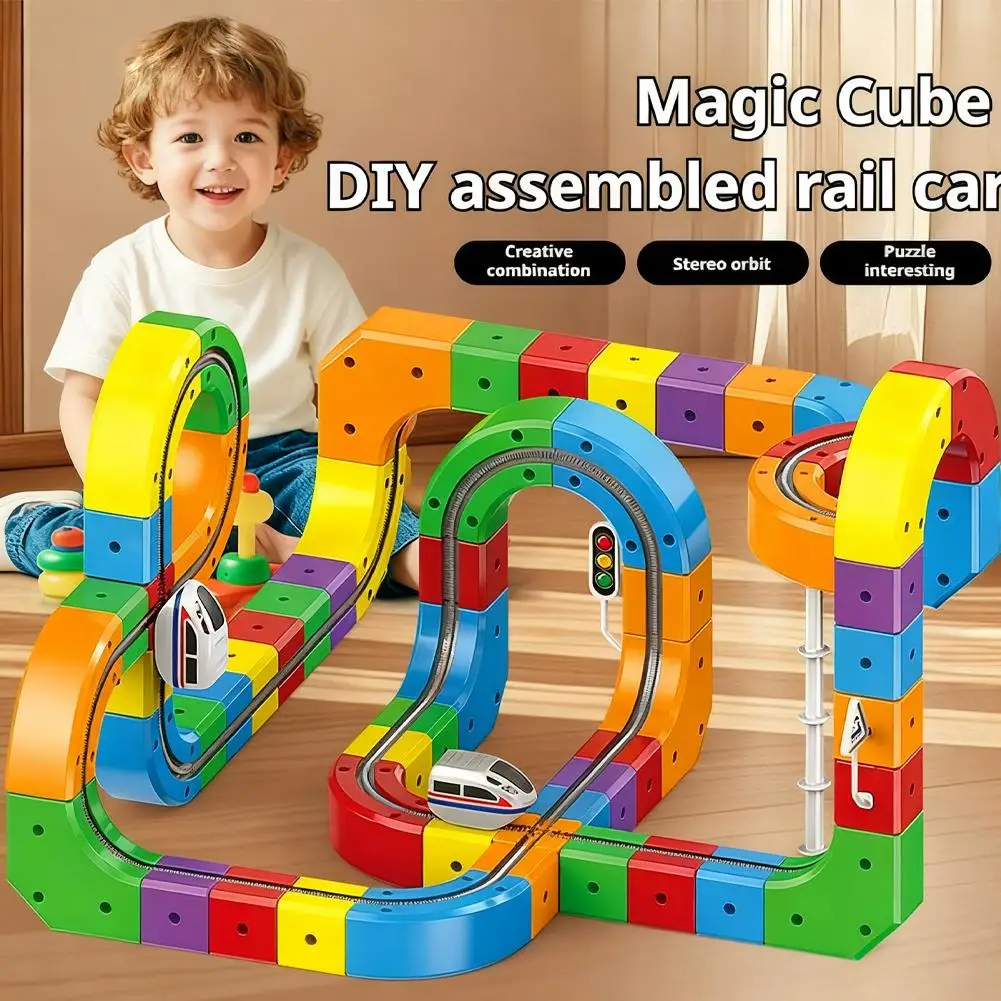 Jouets de Train sur Rail électrique, Cube magique Non magnétique, voiture sur Rail, Puzzle pour enfants, blocs de construction intellectuels, cadeau de noël