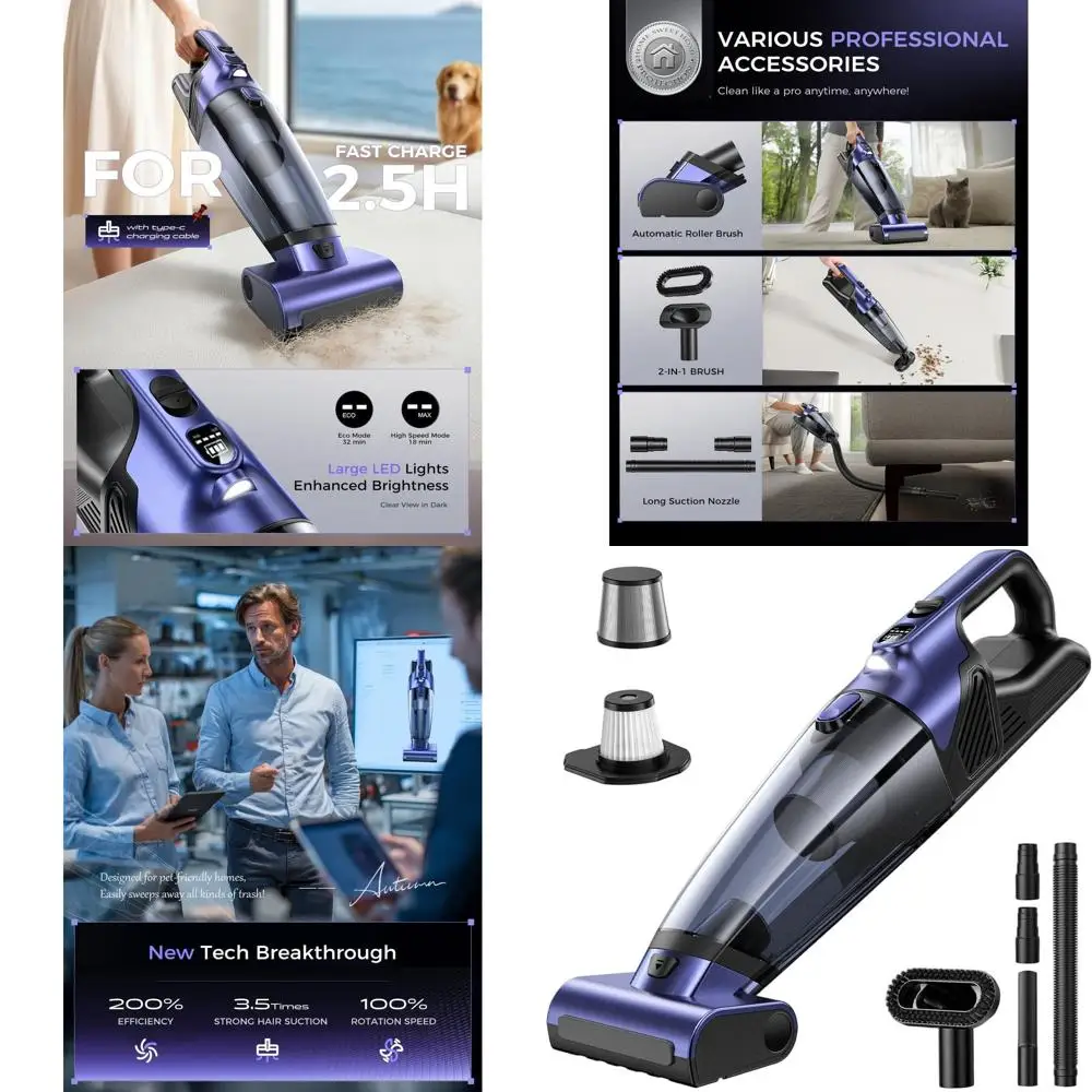 Cordless Pet Hair Vacuum, 20000PA Power with Motorized Brush & LED, Rechargeable Handheld Cleaner for Car, Home & Office