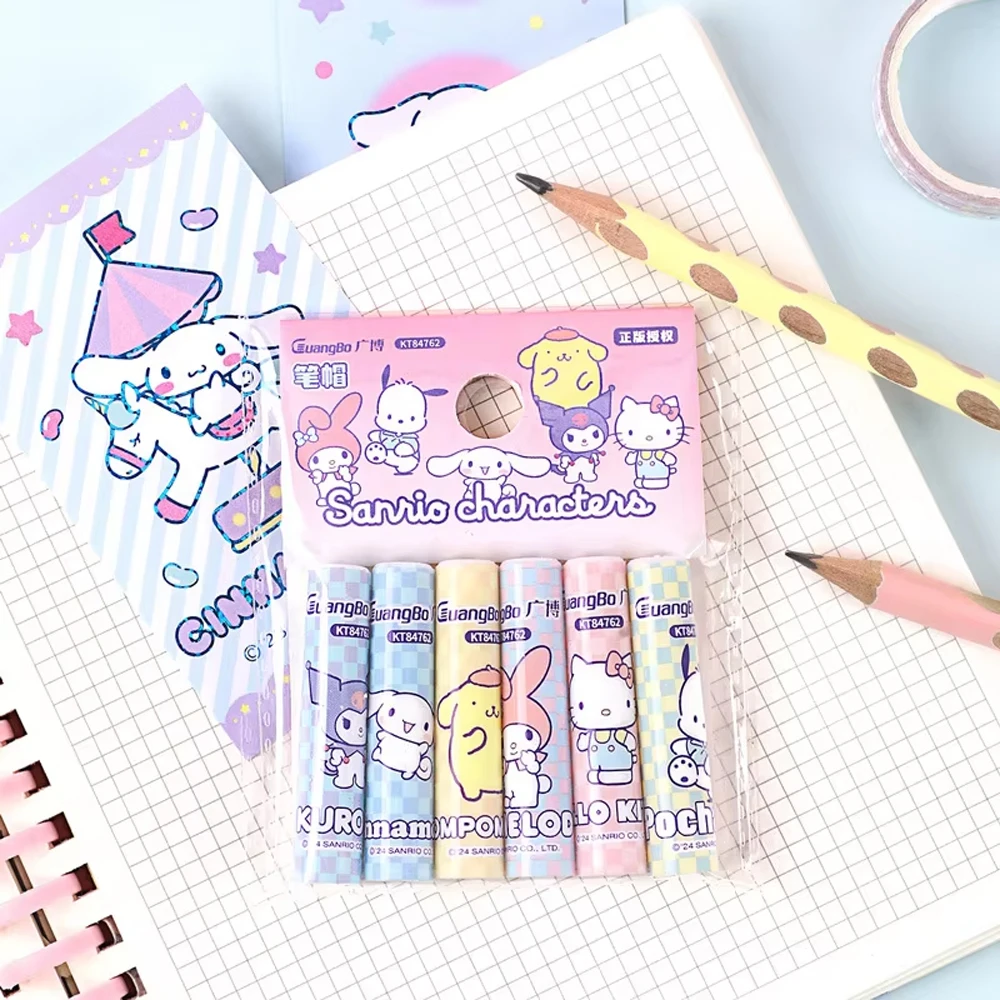 

6Pcs/Bag Kawaii Pencil Cap Cartoon KT Kuromi Pen Topper Covers Pencil Extender Stationery School Supplies
