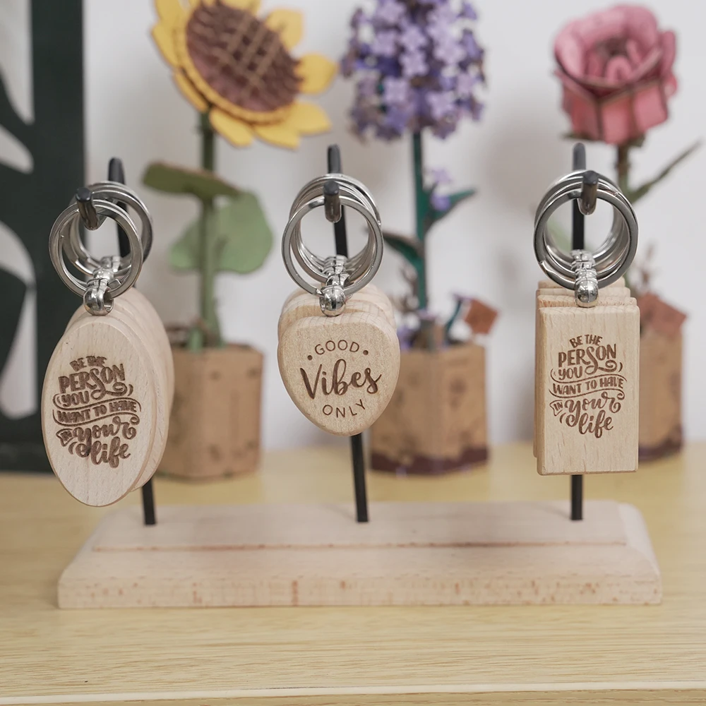 Wood Ring Blank - พวงกุญแจไม้ดิบ 20 ชิ้น รูปทรงสี่เหลี่ยม หัวใจ วงรี