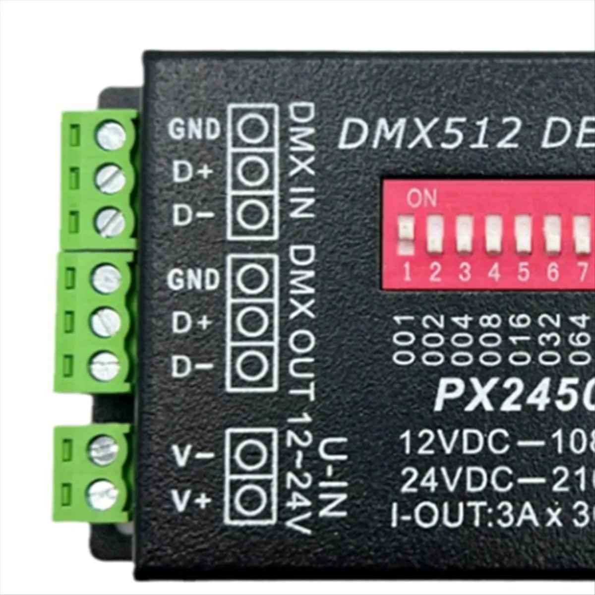 

NEW! PX24506 DMX512 Decoder Driver DMX512 3CH X 3A Amplifier 108W-216W12V 24V DC LED Controller for RGB LED Strip LightsTape
