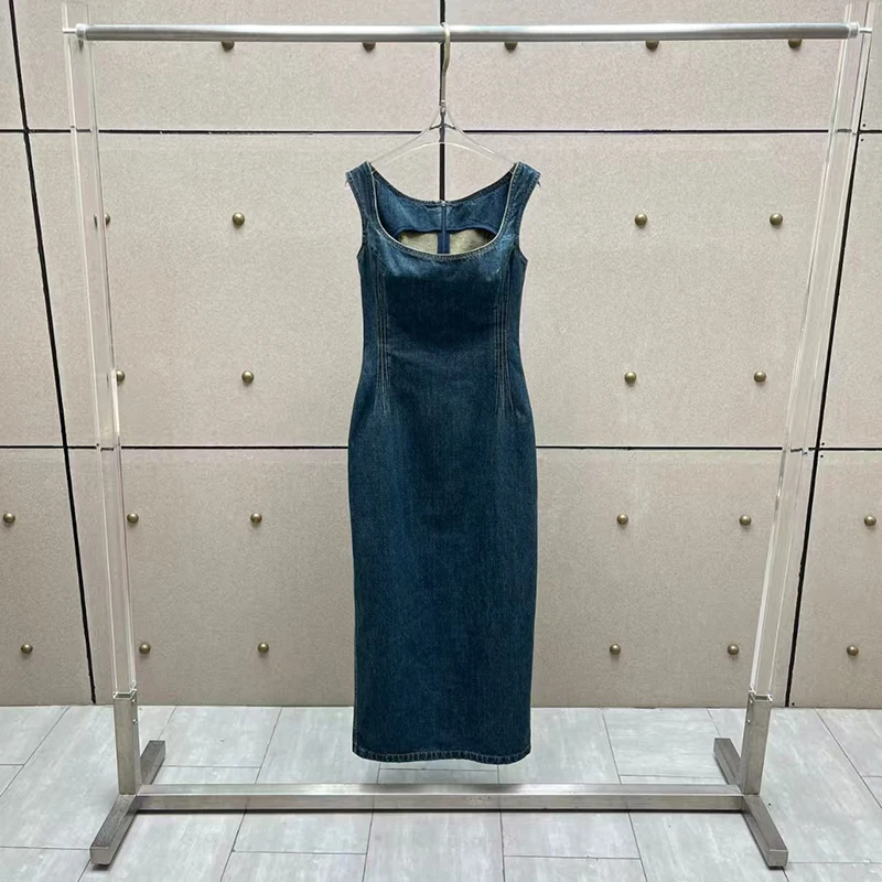 فستان نسائي من الدنيم المغسول، فستان طويل بقصة ضيقة بدون أكمام ورقبة مستقيمة، فستان رسمي من القطن الخالص عالي الجودة، 2025، جديد