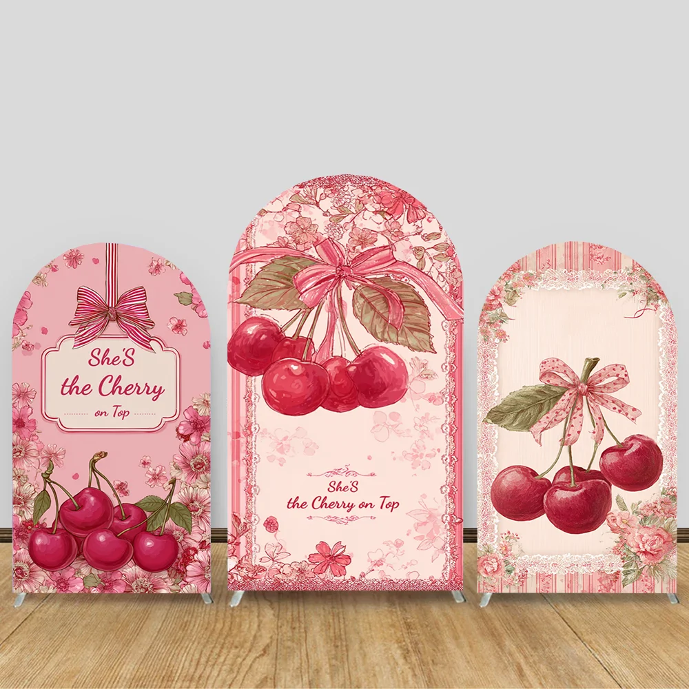 

Personalized Red Cherry Arched Panel Wall Our Little Cherry on Top Baby Shower Party Banner Arch Backdrop Cover 2-Sided Elastic