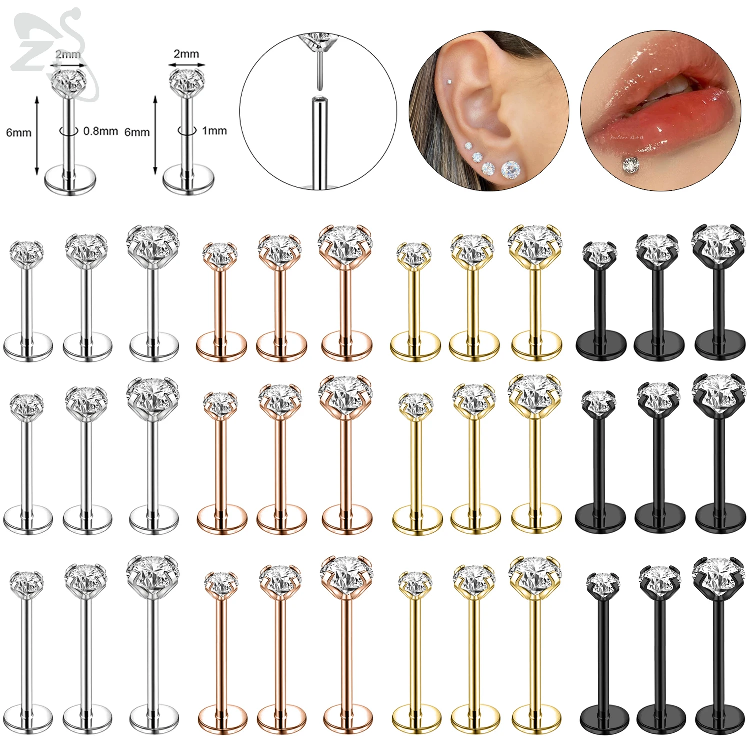 Zs 10 Stks/partij Plug-In 16/18/20G Roestvrij Staal Labret Lip Piercing Mannen Cz Kristal Kraakbeen Tragus Helix Piercings 6/8/10/12Mm