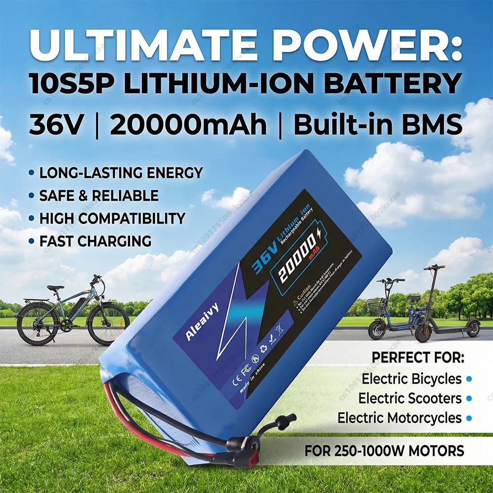 

Сменная литиевая батарея Aleaivy 36В 14000мАч IP65 30А BMS для электровелосипедов, скутеров, мопедов с двигателями мощностью 250Вт, 500Вт, 800Вт, 1000Вт
