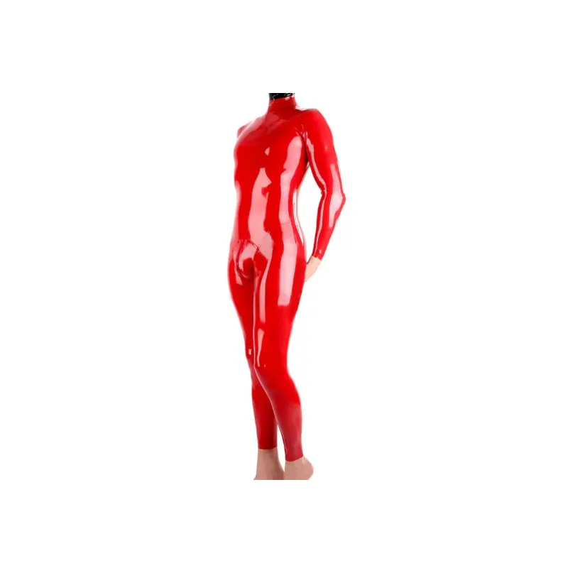 

Sexy Handmade Red Latex Catsuit Male Rubber Bodysuit with Back Zippers Men Cosplay Costume