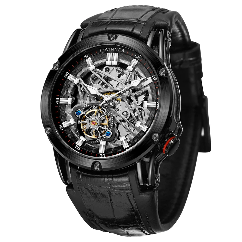 

Уникальный дизайн, роскошные механические часы с турбийоном и скелетом, светящиеся автоматические мужские часы с кожаным ремешком, водонепроницаемые