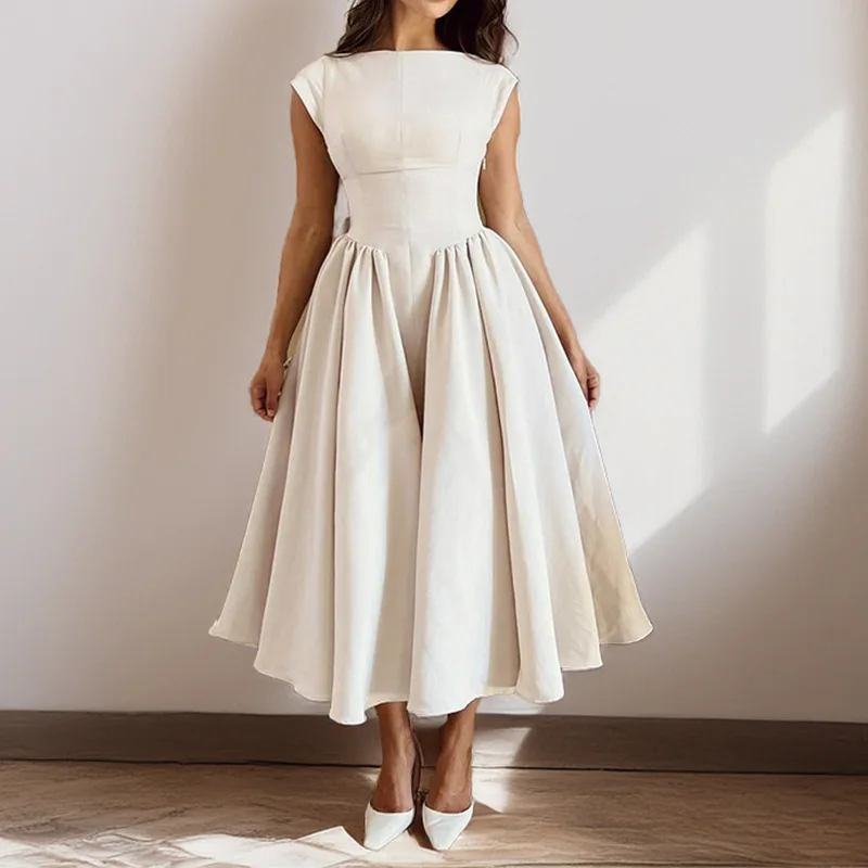 

Women's White Backless Boat Neck Midi Dress Cap Sleeve A-Line Dress Pleated Formal Cocktail Party Wedding Elegant Chic Outfit
