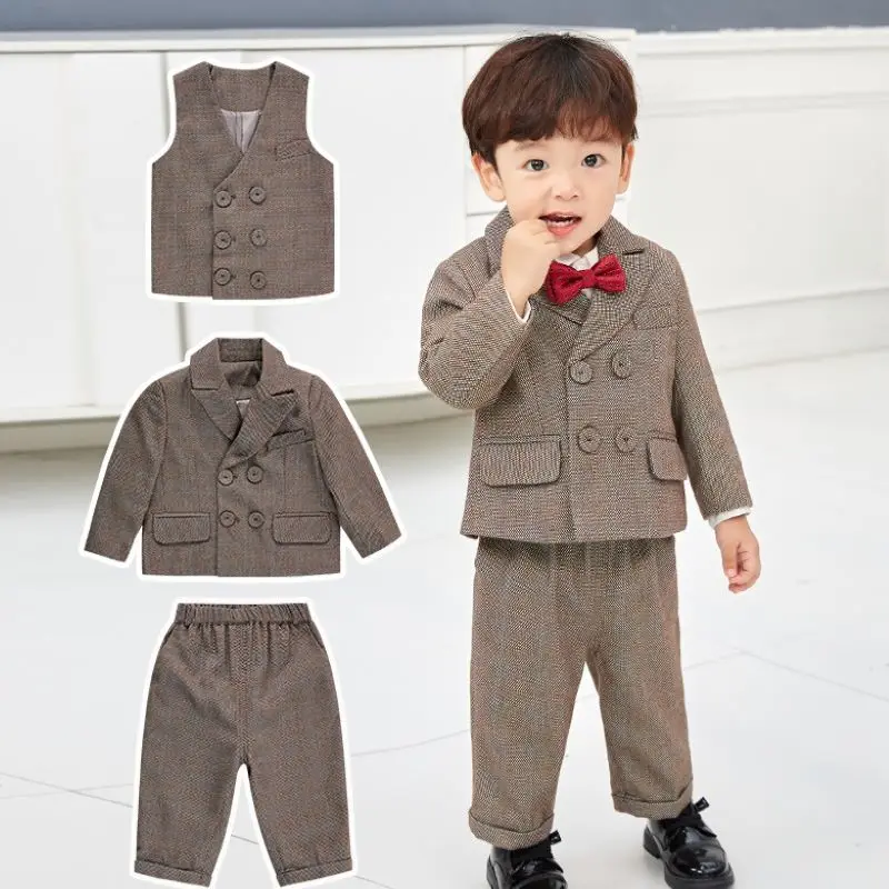 Little Gentleman Boy Formal Suit/Boy Performance Suit/Children Plaid 4-piece Suit Set 3406