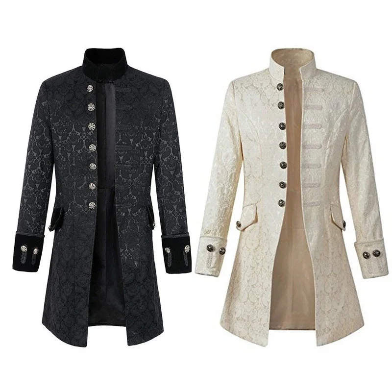 Men's Slim Collar Coats Literary Embroidery Retro Uniform Medieval Coat Solid Color Breasted Coat Stage Props Cosplay Costume