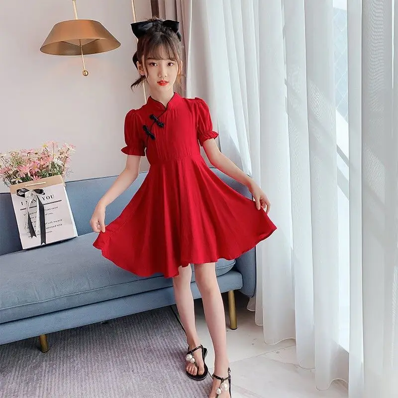 Cheongsam para meninas de verão, vestidos infantis, princesa adolescente, roupas de ano novo, Qipao monocromático vermelho chinês, 4 7 8 9 10 12 14