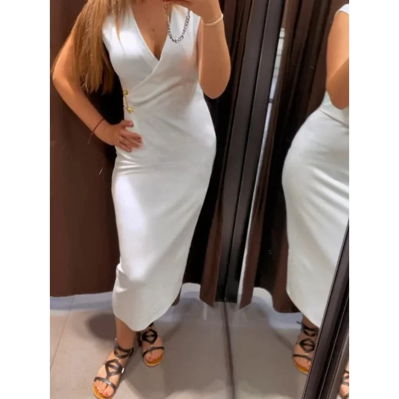 

Elegant Chic Women's Sleeveless V-Neck Maxi Dress Pleated Summer Casual Party Commuter Fashion Dress