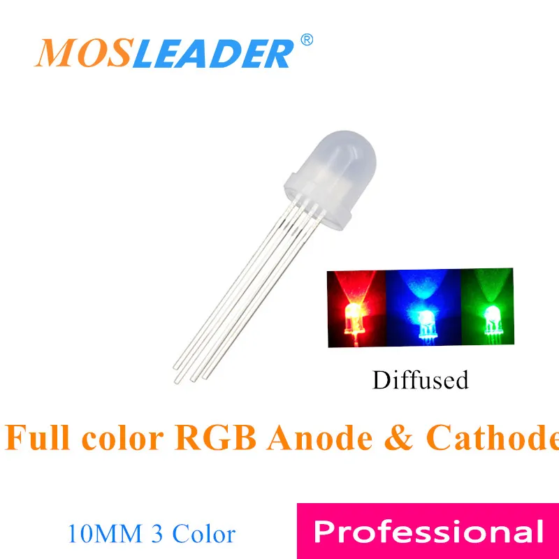 Mosleader 1000PCS 10MM LED 4P RGB Diffused F10 Long pins Red Green Blue Leds Common Anode Cathode Tri-color 3 color Full color