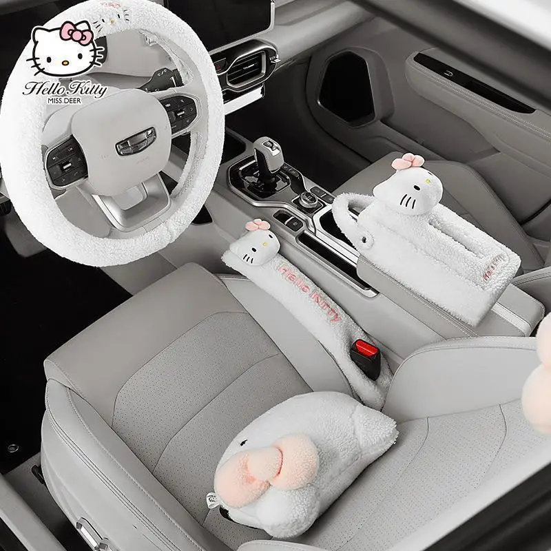 Hello Kitty Car Steering Wheel Cover Tissue Box Headrest Waist Pillow Plush Sanrio Warm Car Accessories Cartoon Decorative Gift