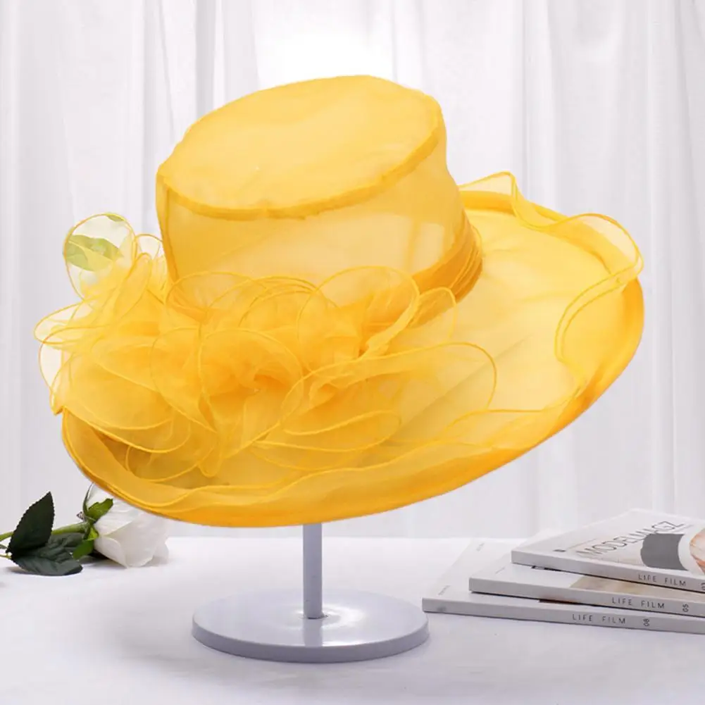 Sombrero de Organza de ala ancha para mujer, elegante tocado de Organza Vintage, decoración de flores de malla en capas, ala ancha, fiesta de té para graduación