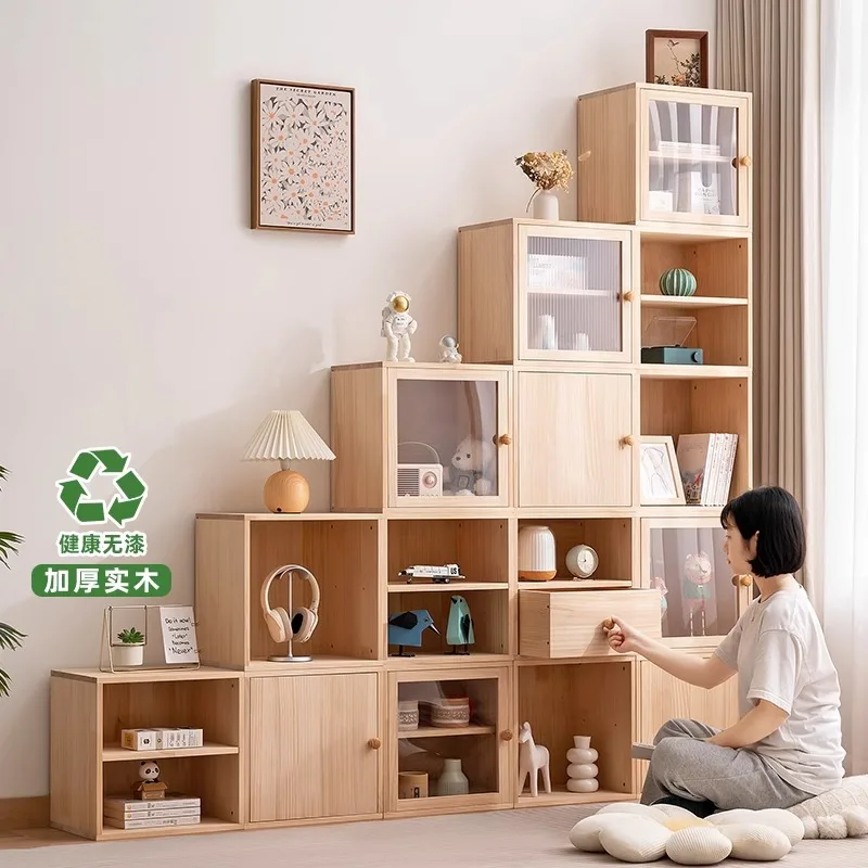 Solid wood bookshelf Bookcase Shelf with cabinet door Locker Integrated lattice cabinet Display cabinet Floor-to-ceiling multi-l