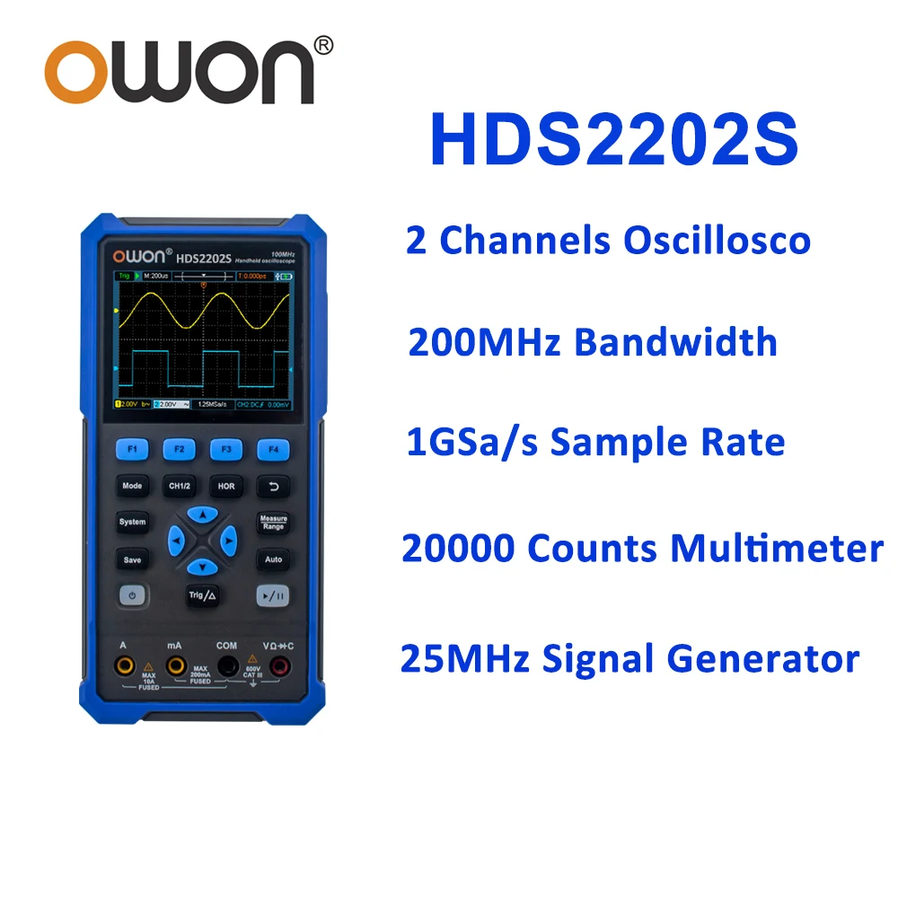 OWON HDS2202S Digital Oscillosco 2 Channels 200Mhz Bandwidth Portable 3 in 1 USB Osicllosco   Multimeter Wavefor Generator