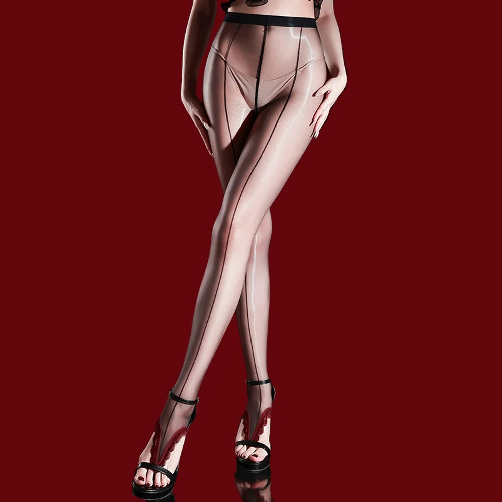 Women 1D Thin Sheer See Through Stripe Oil Shiny Glossy Pantyhose Toes Clip Foot Stocking Shaping Tights Sexy Night Club Hosiery