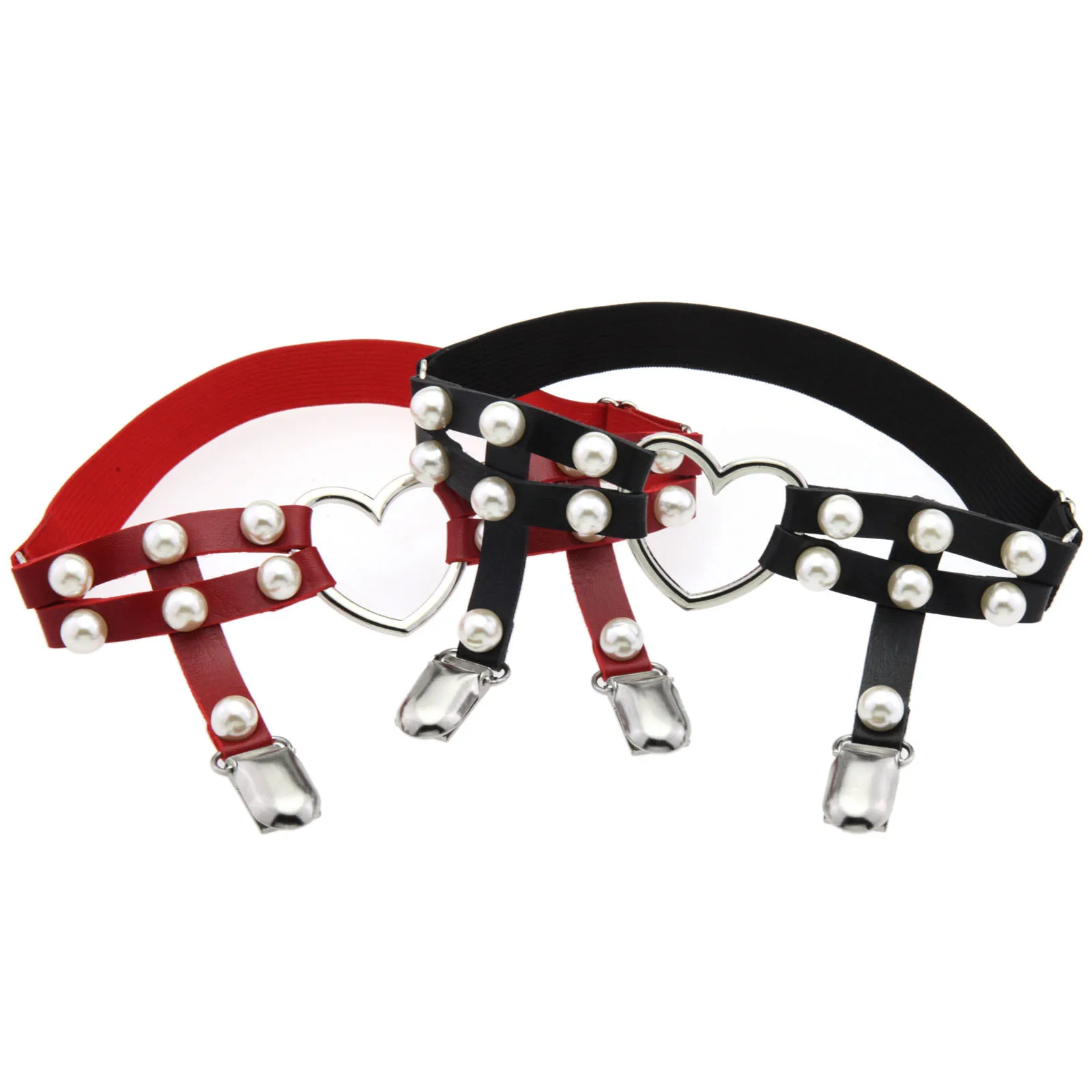 Two Rows Imitation Pearl Punk PU Leather Legchain Women Elastic Leg Chain Hip Hop Heart Leg Ankle Loop Garters Emo Egirl Jewelry