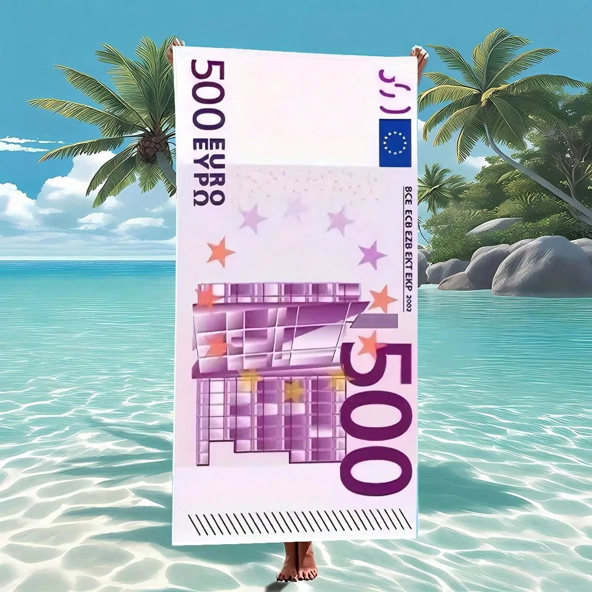 Modern European 500 Euro Banknote Pattern Design, Beach Towel, Quick Drying And Machine Washable