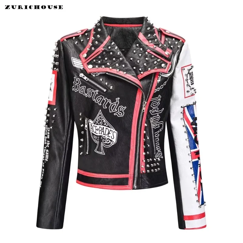 

Streetwear Punk Rock Metal Studded Jacket for Women 2024 New Contrast Graffiti Print Cropped Motorcycle Faux Leather Jacket