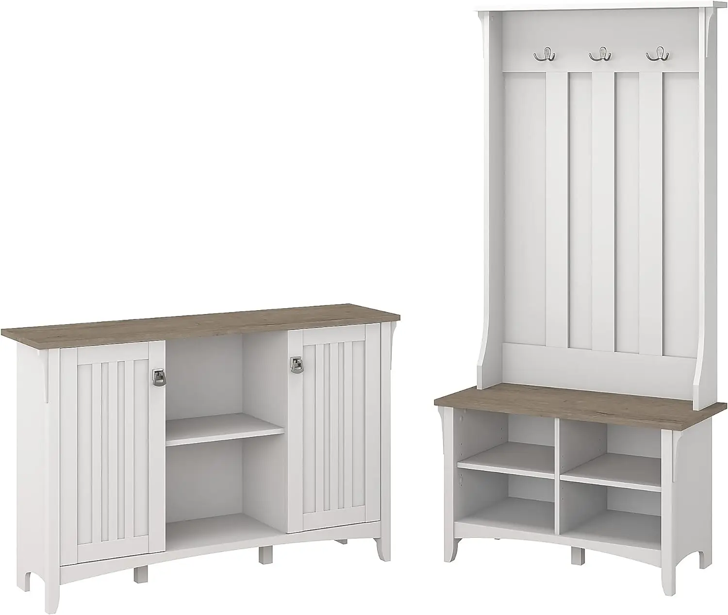 

Bush Furniture Salinas Entryway Storage Set with Hall Tree, Shoe Bench and Accent Cabinet in Pure White and Shiplap Gray