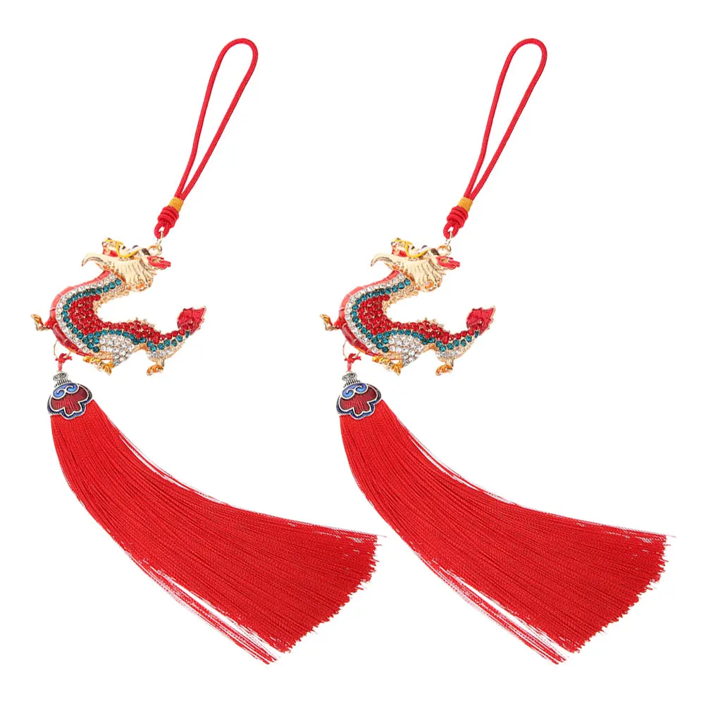 

2pcs Dragon Pendant Car Decor Rear View Mirror Hanging Ornaments Cotton Rope Chinese Style Rhinestone Inlay Car Accessories
