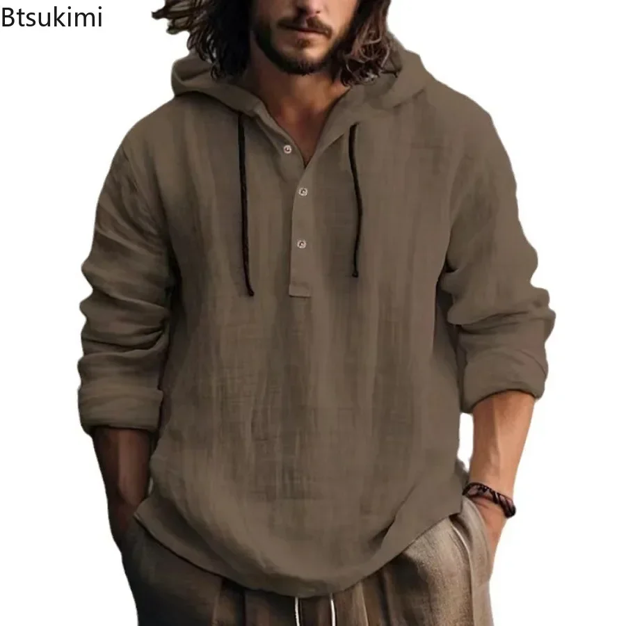 New2025 Men's Casual Cotton Linen Shirts Hoodies Comfortable Breathable Solid Pullovers Tops Soft Daily Wear Men's Clothing Tops