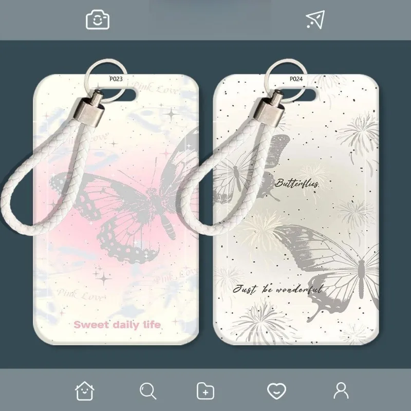 Capa de manga com estampa de borboleta para banco, identidade, ônibus, cartão de identificação, estudante, porta-crachá feminino, chaveiro, cordão, conjunto de cartão