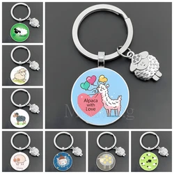 Cute Cartoon Sheep Keychain With Alpaca Pattern Glass Dome Key chain Charm Pack Car Keychain Gift for Men and Women