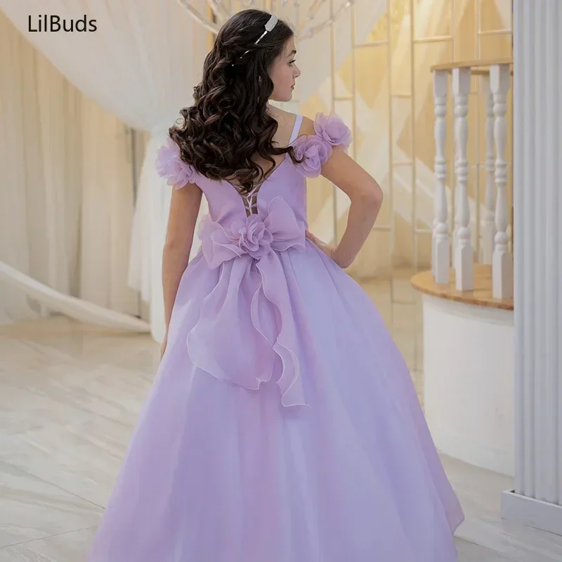 2024 Kids Girls' Dress Clothes Princess Large Children's Elegant Mesh Purple Ponte Stereo Flower Party European And American