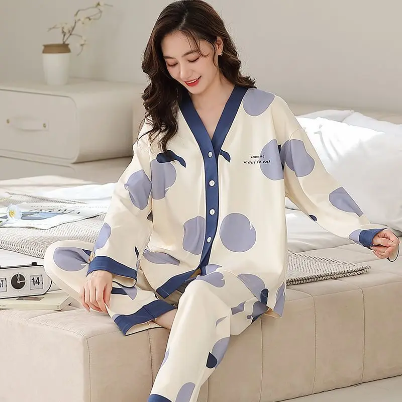 Pijamas Women 100% Cotton Kimono Pajamas Women's Spring and Autumn Long-sleeved V-neck Casual Loose Loungewear Suit 2pcs
