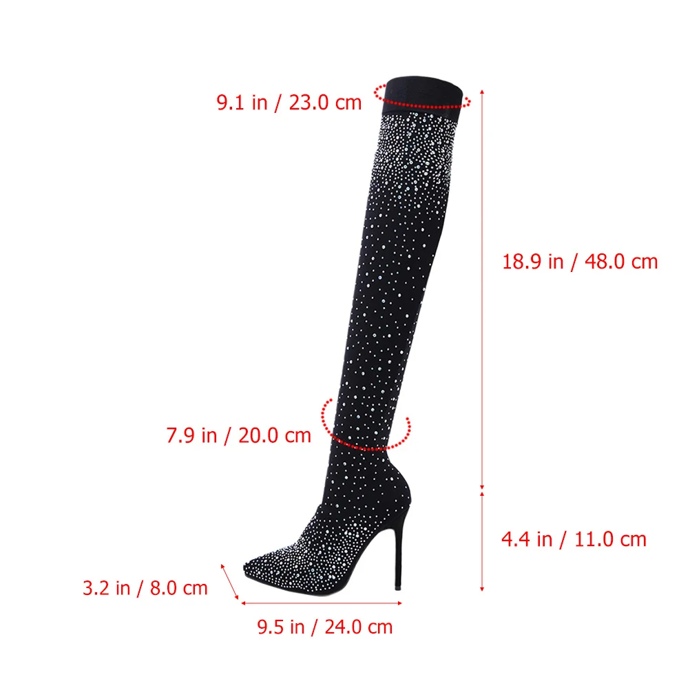

1 Pair High Heel Over Knee Boots Black Eu38 Us9 Uk4.5 Rhinestone Stretch Long For Women Thigh High Boot Fashion Ladies Party