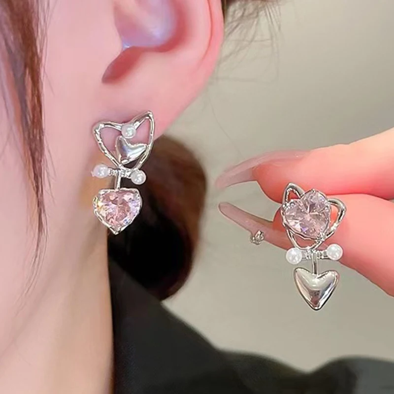 Rosa Herz-Zirkon-Perlen-Tropfenohrringe für Frauen, asymmetrische, exquisite Ohrstecker, süßer, schlichter, vielseitiger Vintage-Schmuck, Geschenk