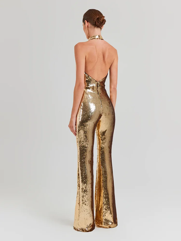 Women\'s Sleeveless Gold Sequin Jumpsuit Sexy V Neck Sparkle Sequined High Waist Wide Leg Pants Jumpsuit Celebrity Evening Party