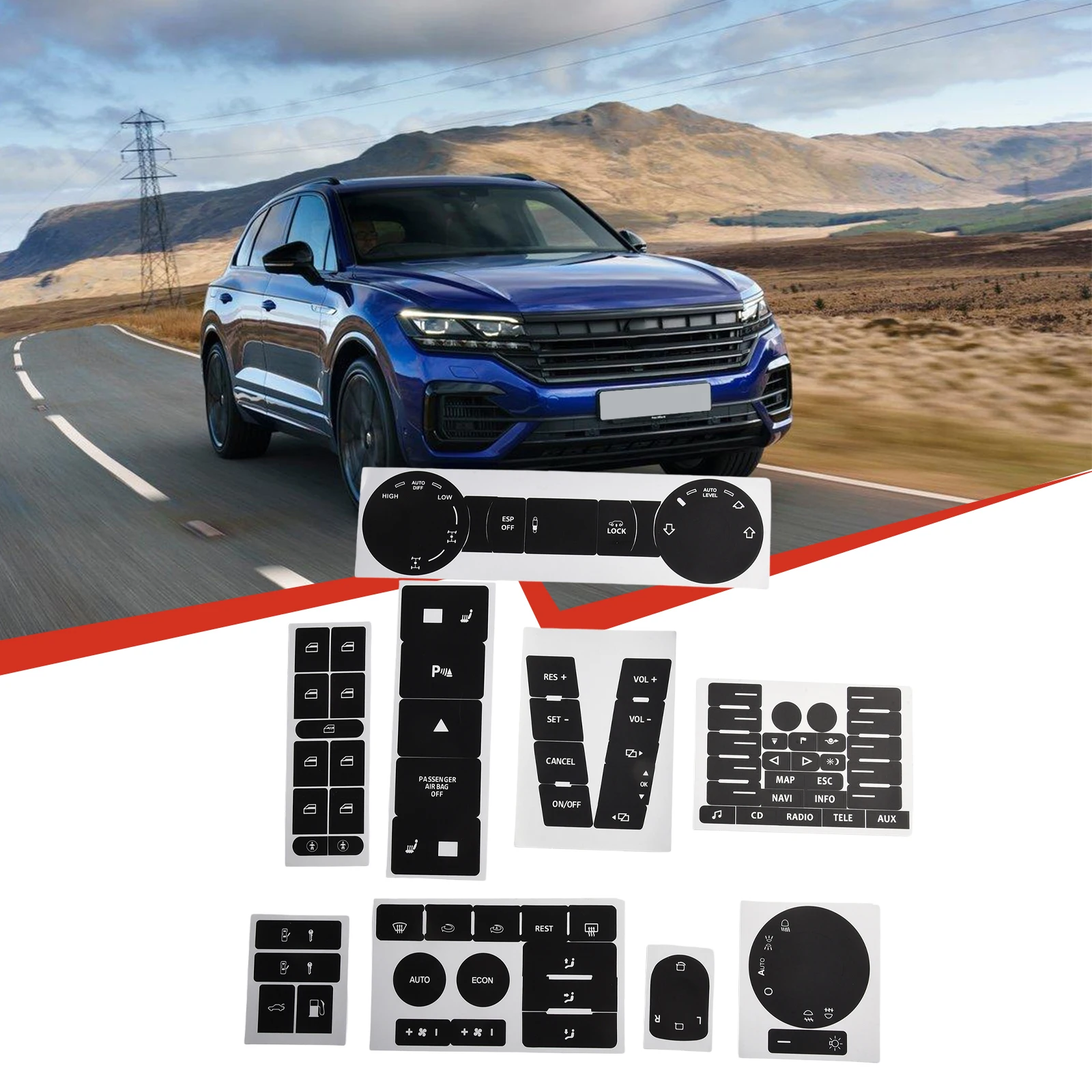 Picture 6: Button Repair Decal Sticker Set for TOUAREG 2004 2009 Radio Navigation Panel Overlay for Push Button Restoration